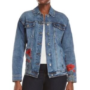 Nanette Lepore Denim Jean Jacket Embroidered Red Poppies Small